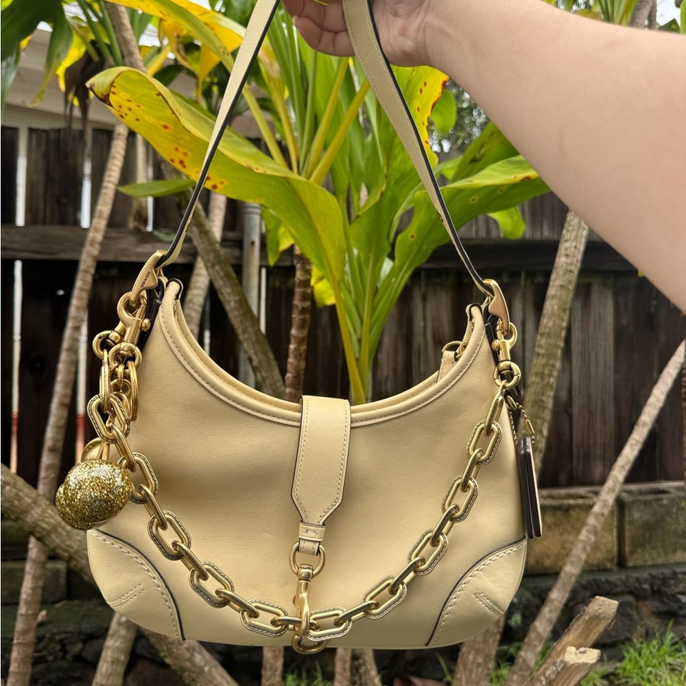 Coach Moonlight Hamptons Hobo Leather Shoulder Bag with Gold Chain & Bag Charm